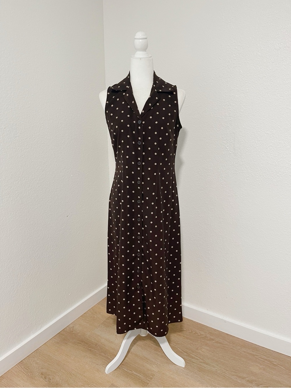 Brown Beige Polka Dot Button Front Sleeveless Maxi Dress